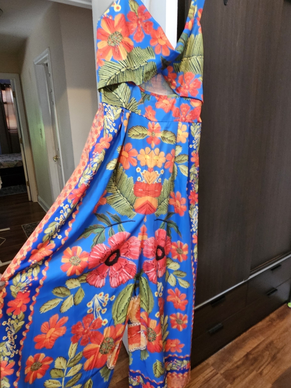Bright Blue Floral Maxi Jumpsuit Vibrant Red & Green Print